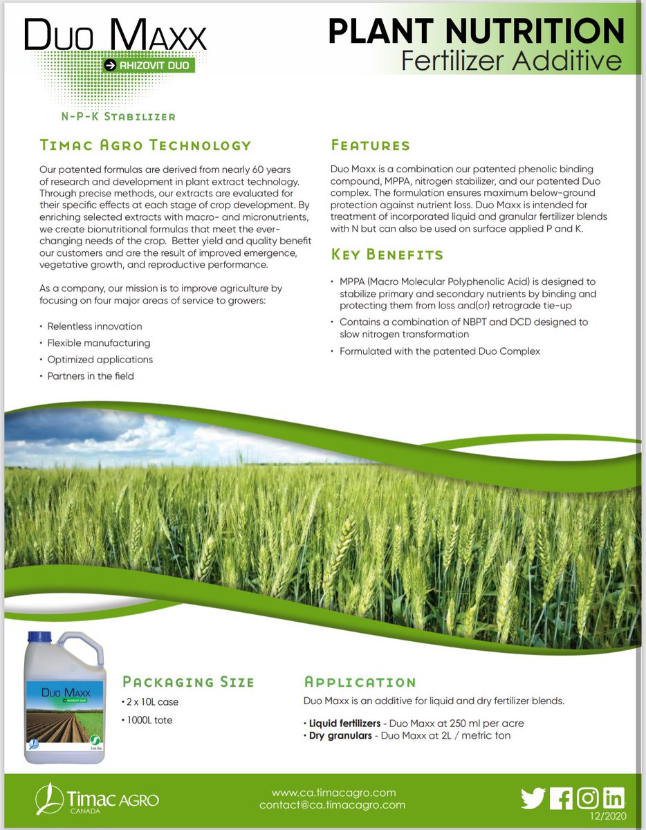 Matthewmophead's tweet image. With grain prices low and margins tightening, this is the year to focus on proven, cost-effective solutions. Backed by local data and extensive research from a large privately funded lab, Timac Agro’s Duomaxx is a trusted product to help push yields in challenging market years.