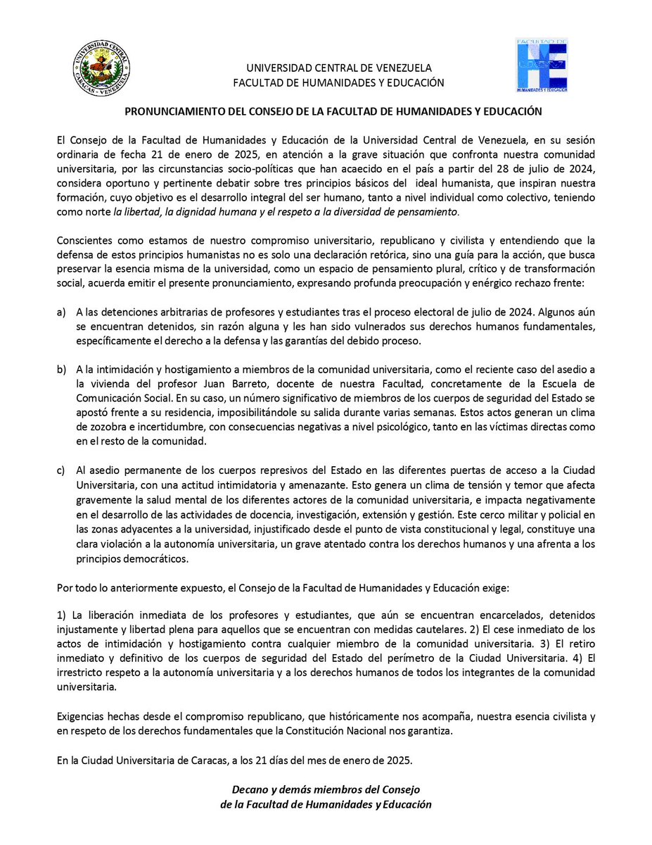 fhyeucv's tweet photo. PRONUNCIAMIENTO del Consejo de la Facultad de Humanidades y Educación.

"en atención a la grave situación que confronta nuestra comunidad universitaria, por las circunstancias socio-políticas que han acaecido en el país a partir del 28 de julio de 2024".

@pmbarriosmo
#FHyE #UCV https://t.co/IphTMMO6xE