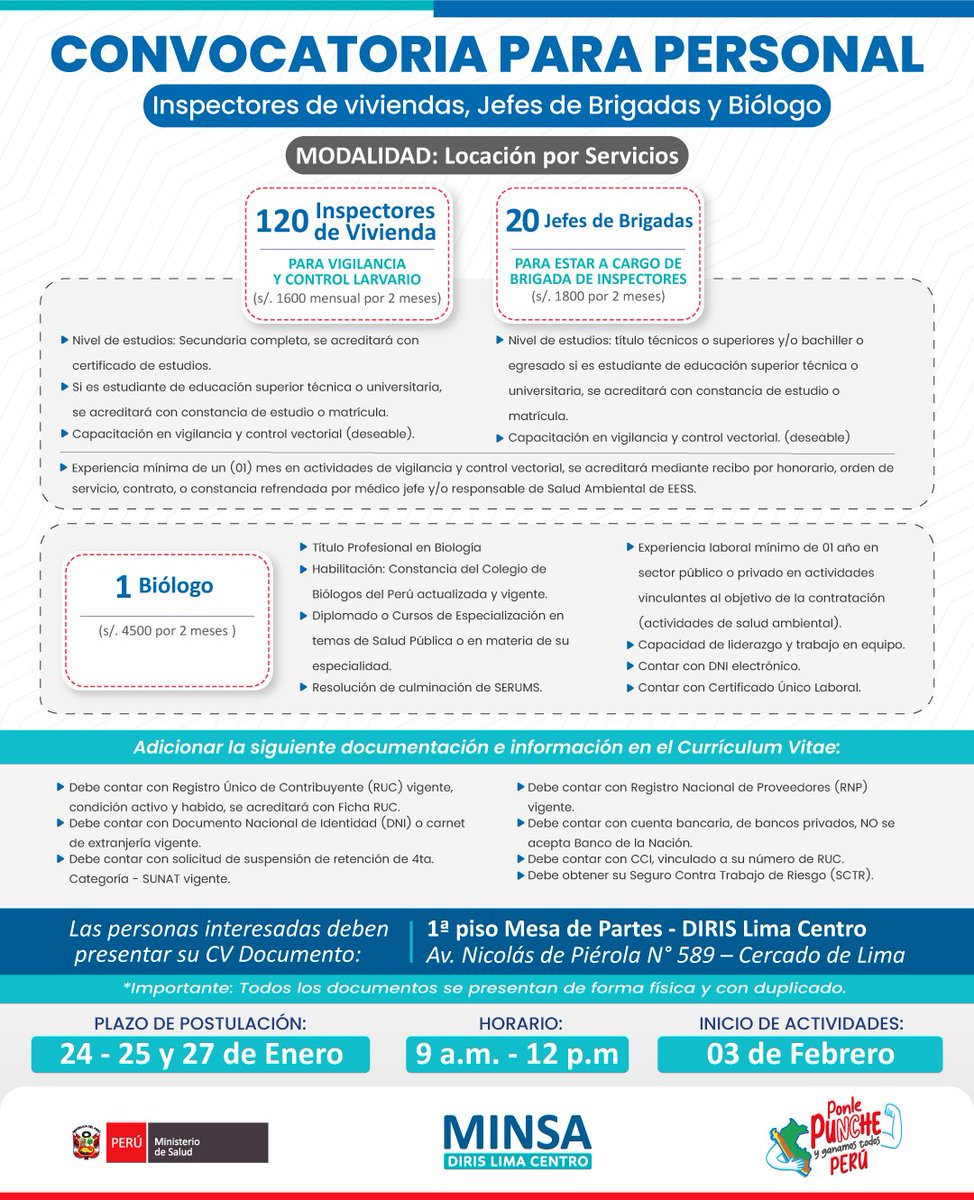 📣𝗖𝗢𝗡𝗩𝗢𝗖𝗔𝗧𝗢𝗥𝗜𝗔 𝗗𝗘 𝗧𝗥𝗔𝗕𝗔𝗝𝗢

𝑺𝙚 𝙧𝒆𝙦𝒖𝙞𝒆𝙧𝒆 𝒊𝙣𝒔𝙥𝒆𝙘𝒕𝙤𝒓𝙚𝒔 𝒅𝙚 𝙫𝒊𝙫𝒊𝙚𝒏𝙙𝒂, 𝙟𝒆𝙛𝒆𝙨 𝙙𝒆 𝒃𝙧𝒊𝙜𝒂𝙙𝒂𝙨 𝙮 𝙗𝒊𝙤́𝒍𝙤𝒈𝙤.

Los interesados enviar sus documentos a mesa de partes de la Diris Lima Centro.
