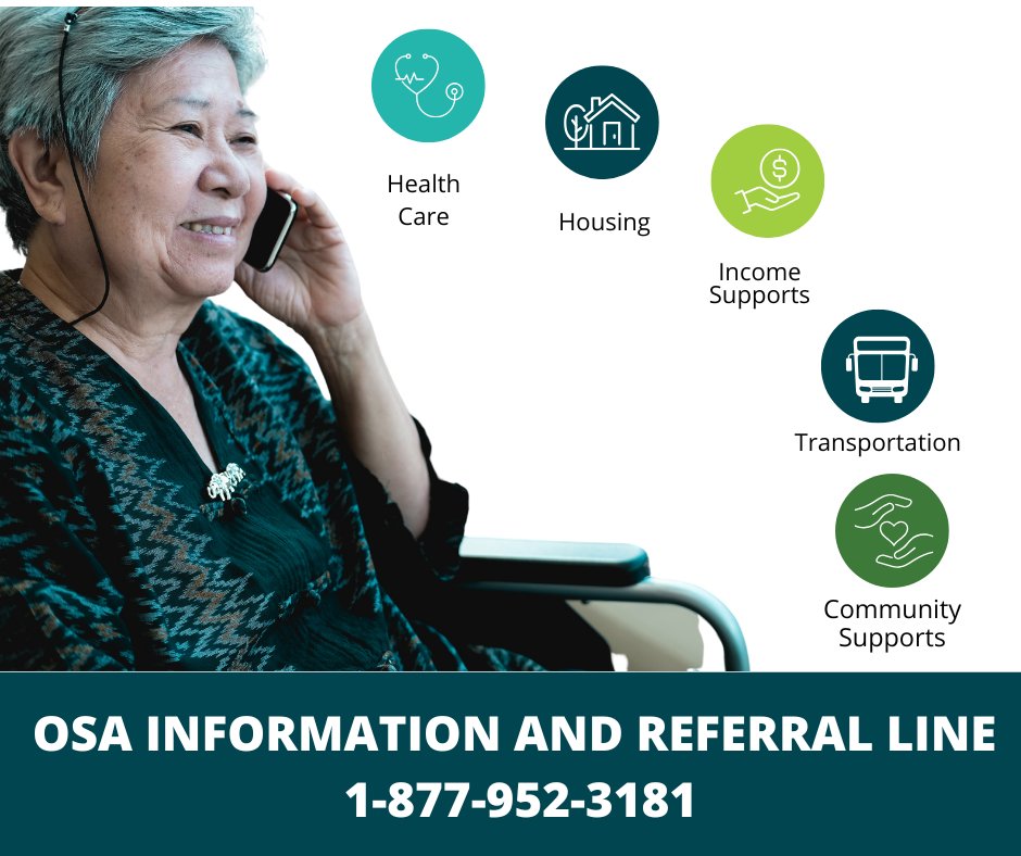 Have a question about seniors' services and supports in B.C.? Call the OSA information and referral line. Our seniors service specialists will work with you to provide resources and systems navigation.
📞1-877-952-3181 
✉️info@seniorsadvocatebc.ca 
💻seniorsadvocatebc.ca