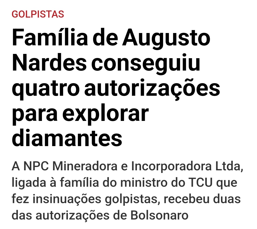 Família Nardes ganhou do governo Bolsonaro alvarás para explorar diamantes.

Quanto Augusto Nardes deve para Bolsonaro? Estaria ele pagando o que deve cortando o Pé de Meia de forma arbitrária? 

É justo deixar milhares de estudantes passando fome em nome do Bolsonaro?
