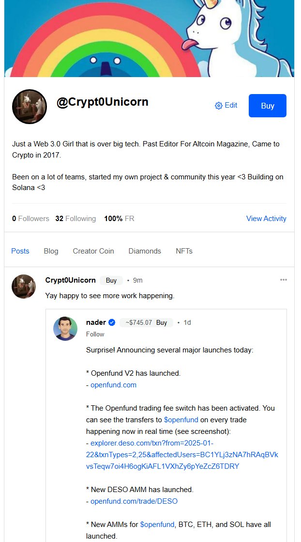 Just made a Diamond profile <a href="/desoprotocol/">DeSo</a> .

Lots of craziness happening on all the socials with all the Big Tech companies especially with the #TikTokBan and #Facebook update by #Zuckerberg

Feel free to connect <3
diamondapp.com/u/Crypt0Unicorn

#Desoprotocol #openfund