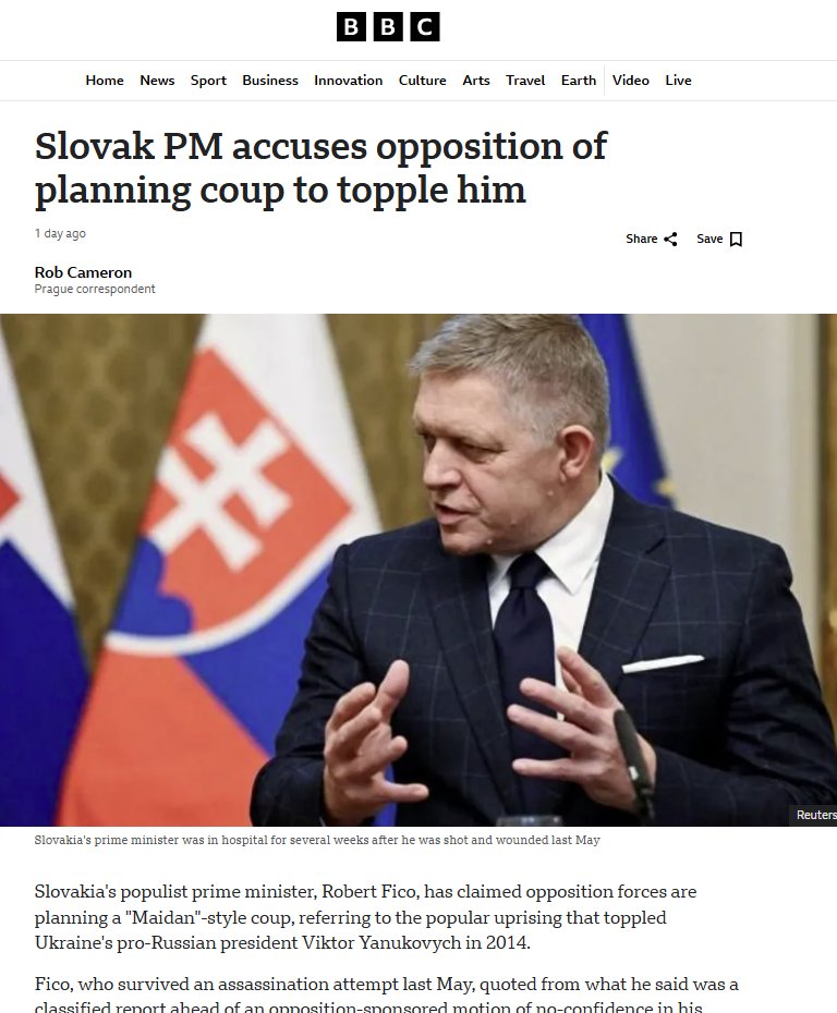 BBC omits that Yanukovych was overthrown by means of false-flag Maidan massacre: "Slovakia's populist prime minister, Robert Fico, has claimed opposition forces are planning a "Maidan"-style coup, referring to the popular uprising that toppled Ukraine's pro-Russian president