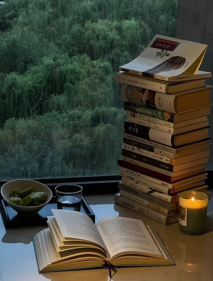 BookTasters's tweet image. A quiet escape: books, a candle, and a view that feels like a dream.