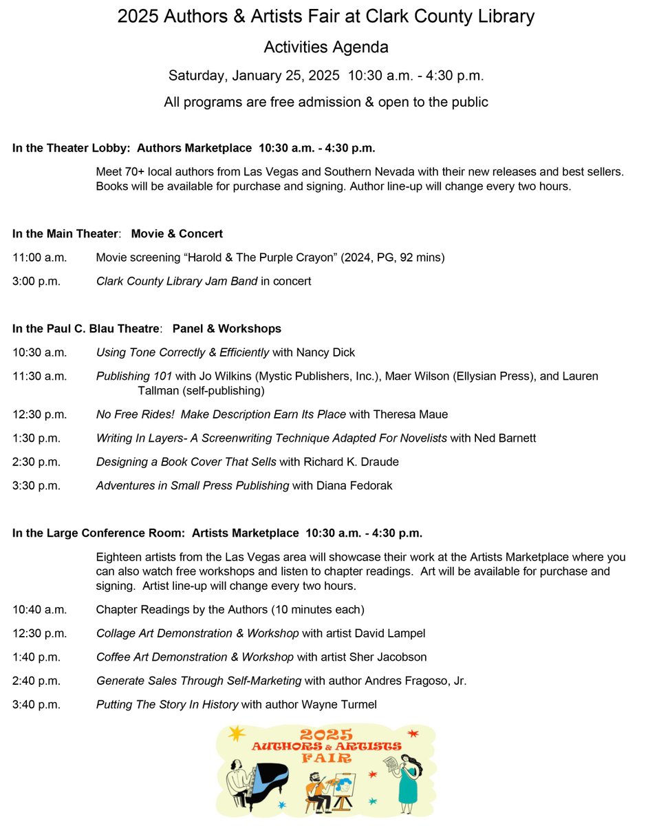 Daniel J Clark (@dclarkwords) on Twitter photo Join me this Saturday at the annual Authors and Artists fair at Clark County Library. I'll have a table from 2:30pm-4:30pm and there are a bunch of other events throughout the day!
<a href="/LVCCLD/">Las Vegas-Clark County Library District</a> Join me this Saturday at the annual Authors and Artists fair at Clark County Library. I'll have a table from 2:30pm-4:30pm and there are a bunch of other events throughout the day!
<a href="/LVCCLD/">Las Vegas-Clark County Library District</a>