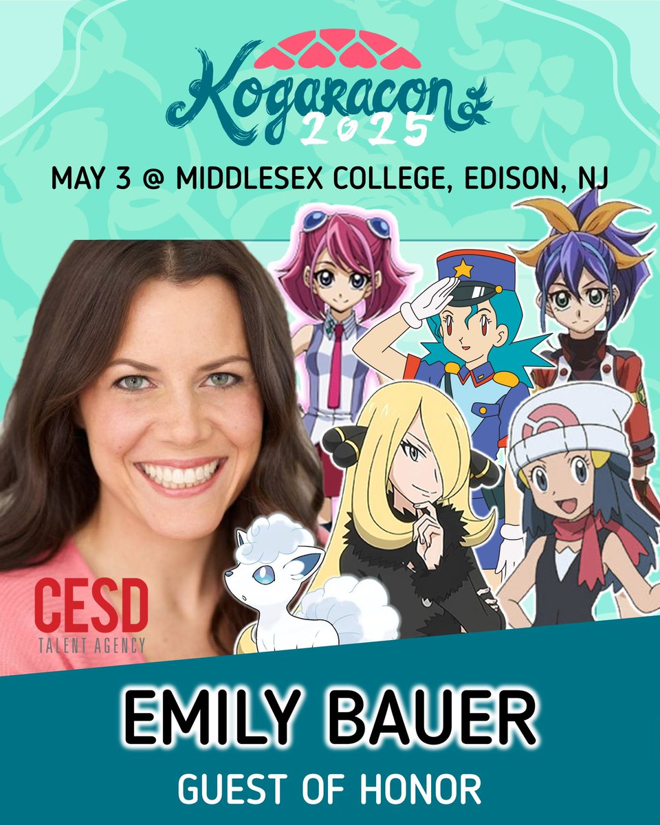 WELCOME our 1st GOH for Kogaracon 2025, Emily Bauer! 

Emily will be participating in the joint VA panel and will be hosting paid autograph signings.

Best known for her iconic characters across the Pokemon universe including: Cynthia, Dawn, Snowy, Officer Jenny, Anna, etc!