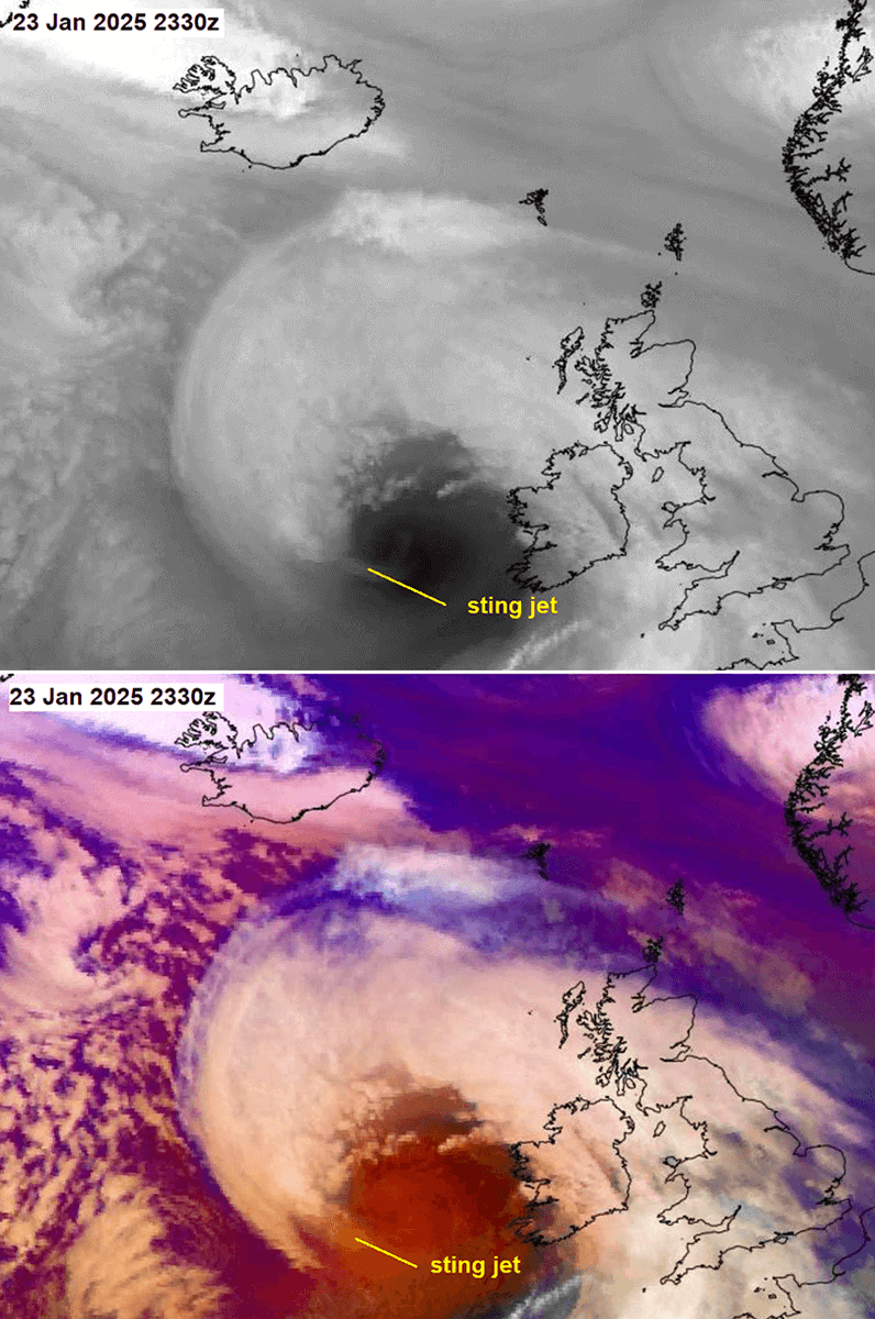 The sting jet is now clearly visible on satellite imagery. Brace for its impact in 2-3 hours, bringing destructive winds to Ireland.

Live tracker: severe-weather.eu/global-weather…