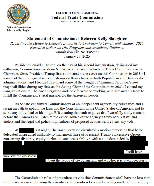BedoyaUSA's tweet photo. My colleague Commissioner Slaughter's statement is required reading. I agree with her and we are of one mind about what has happened here. https://t.co/VPjIHDLOad