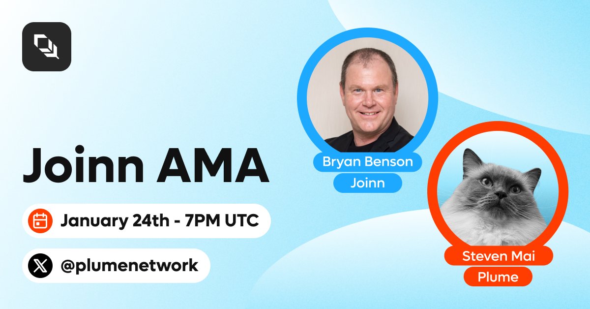 plumenetwork's tweet photo. Meet ecosystem partner @JoinnFinance in our next AMA! 👋

Joinn will dive into how they’re transforming access to tokenized Real World Assets with a seamless, user-friendly approach.

⏰ Friday, Jan 24th, 19:00 UTC
🔗 https://t.co/UvF7uPv8By

Bring your questions, join the discussion, and explore the future of RWAfi on Plume!