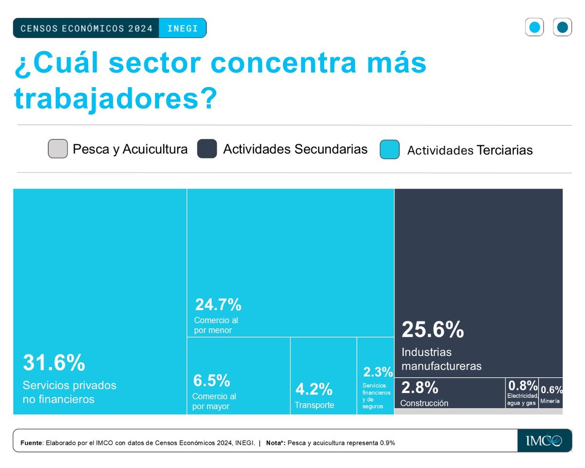 #CensosEconómicos Más de la mitad de los trabajadores en 🇲🇽 están empleados en actividades terciarias: comercio, transporte, educación, salud, turismo y servicios financieros. En las actividades secundarias, las industrias manufactureras concentran la mayor parte de los empleos.