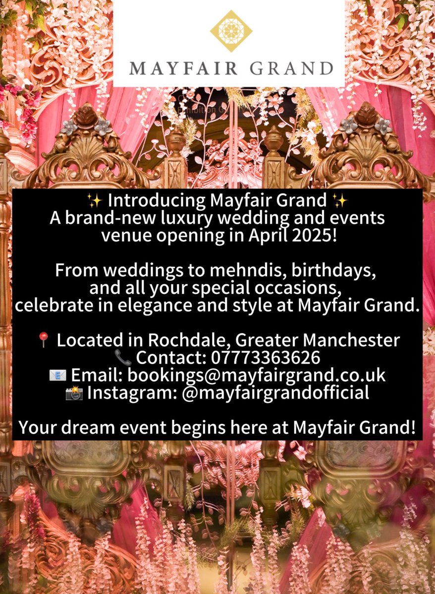Mayfair Grand - Opening April 2025

Experience elegance at Mayfair Grand, Rochdale’s premier event and wedding venue by celebrity singer <a href="/MazBONAFIDE/">Maz Bonafide</a> 

Opening April 2025, it blends luxury, style, and state-of-the-art facilities to create unforgettable celebrations.