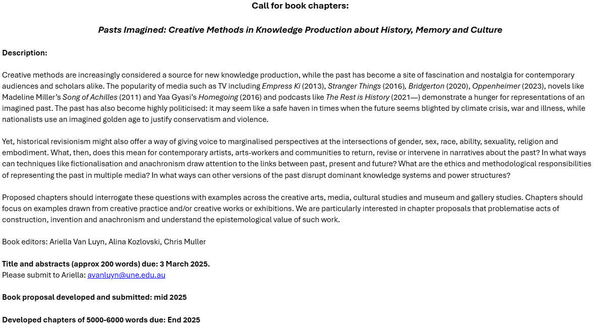 Res_Australes: Ancient World Studies, Australasia (@res_australes) on Twitter photo #CFP Book chapters - Pasts Imagined: Creative Methods in Knowledge Production about History, Memory and Culture - eds. Ariella Van Luyn, Alina Kozlovski (<a href="/AlinaKozlovski/">Dr Alina Kozlovski</a>), Chris Muller - Abstracts by March 3, chapters by end 2025 networks.h-net.org/group/announce… #CFP Book chapters - Pasts Imagined: Creative Methods in Knowledge Production about History, Memory and Culture - eds. Ariella Van Luyn, Alina Kozlovski (<a href="/AlinaKozlovski/">Dr Alina Kozlovski</a>), Chris Muller - Abstracts by March 3, chapters by end 2025 networks.h-net.org/group/announce…