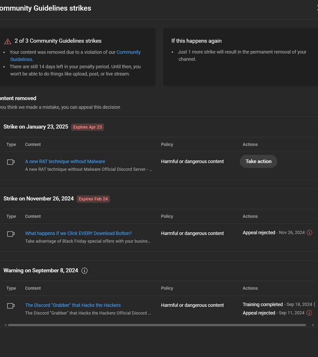 EricParker's tweet photo. Just had another educational video falsely removed by @youtube. For clarity: The education was not showing people how to RAT people, it was warning of a scam that does not use malware. 

If I receive a 3rd strike, I am fully prepared to go to court over this. https://t.co/DS2F6B7M2O