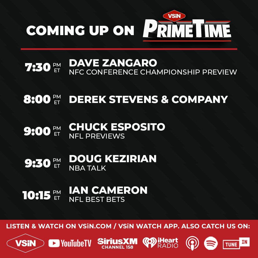 We are off &amp; running on <a href="/VSiNLive/">VSiN</a> Primetime

Join me &amp; <a href="/mattyoumans247/">Matt Youmans</a> until 11 pm ET

Guests: <a href="/DerekJStevens/">Derek Stevens</a>, <a href="/BigBallsAtTheD/">Wilbo</a>, <a href="/DarrenBanks56/">Darren Banks</a>, <a href="/DougKezirian/">Doug Kezirian</a>, <a href="/bobanobets/">Ian Cameron</a> 

Listen: SiriusXM 158
Watch: <a href="/YouTubeTV/">YouTube TV</a>