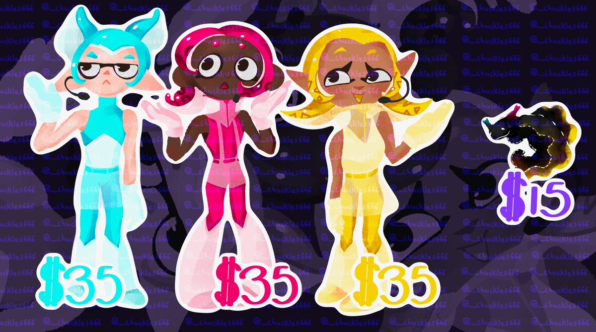 Splatoon idol trio (plus one) adoptables!

The humanoid idols are $35 each while the pet slug is $15, if you choose to buy all three idols, you get $5 off and the slug for free!

If interested feel free to DM!
#Splatoon3 #Splatoon