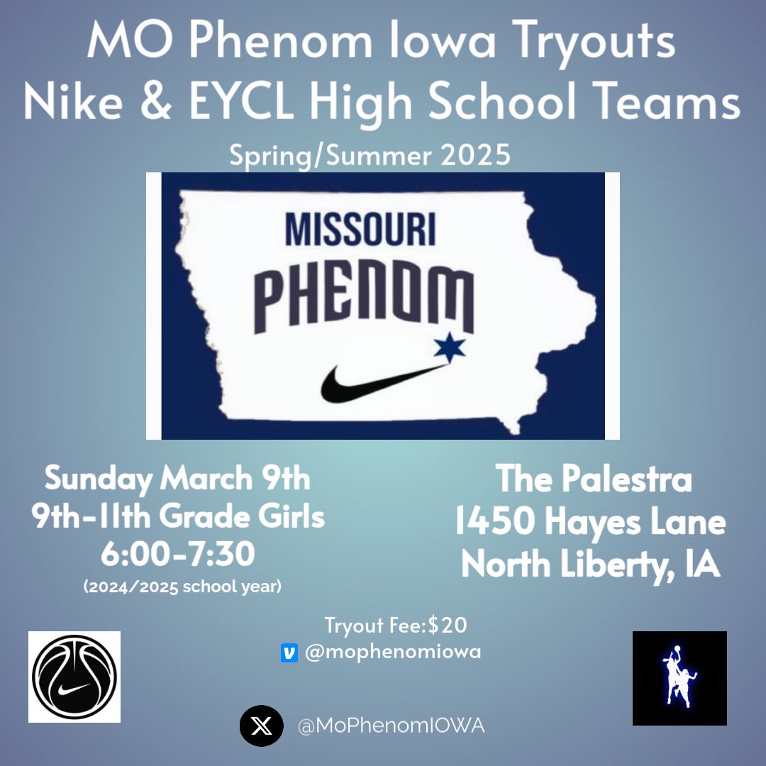 ***EYCL &amp; Nike High School Tryouts***

🎓 Grades: current 9th-11th
📆 Sunday March 9
⏰ 6pm
🏢The Palestra in North Liberty 
🔗 forms.gle/FptAaDVVgaZzNX…