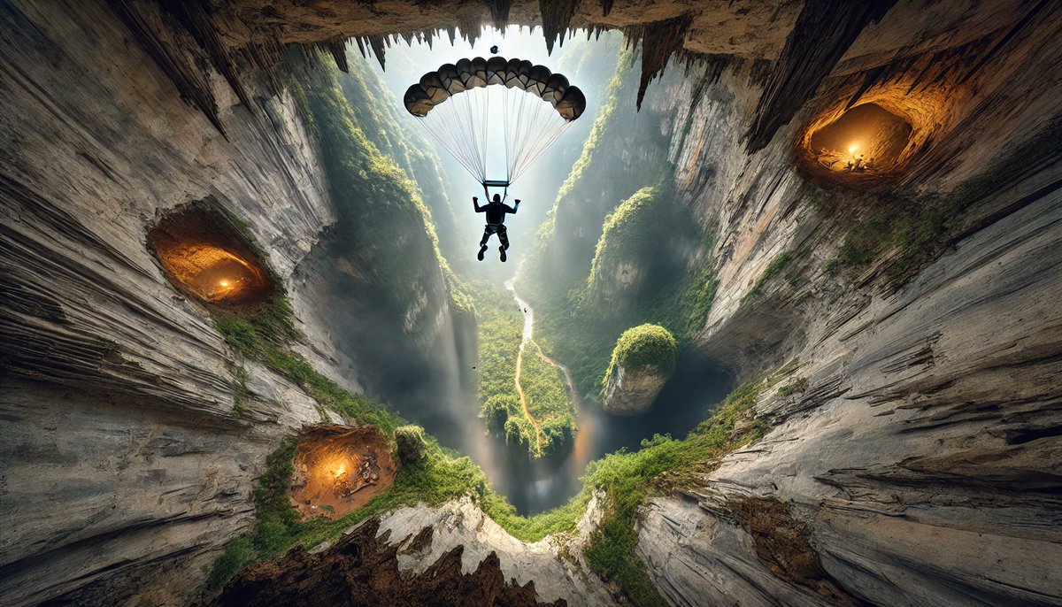 Skydiving in the world's largest cave system. Can anyone guess what it is?

#aiart #DALLE3 #cave