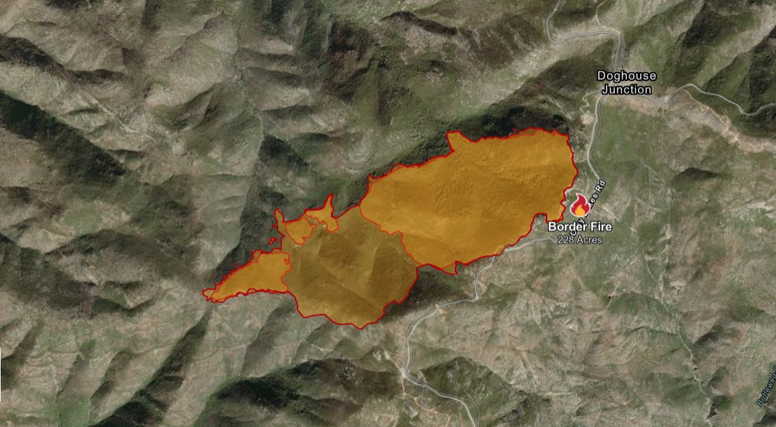 CAWildfiretrack's tweet image. The #Border2Fire has now been mapped at 228 acres. 

Still looking active on cameras, but not as much as earlier today. Spotting has slowed as well.