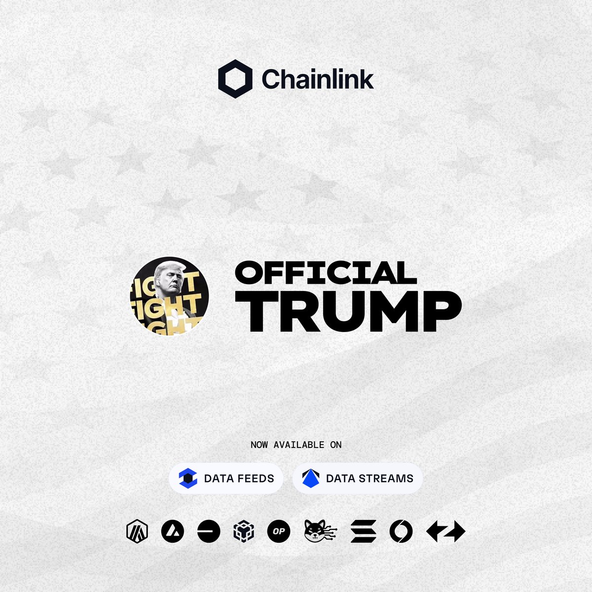 chainlink's tweet photo. The Chainlink standard for verifiable data now supports $TRUMP, the Official Trump Meme from @realDonaldTrump.

Join DeFi’s largest DEXs with $75M+ in daily trading volume @GMX_IO, @jojo_exchange, & many others & start integrating the TRUMP/USD Data Feeds and Data Streams today to build secure markets around the official Trump meme.

Supported mainnet chains:

• Arbitrum
• Avalanche
• Base
• opBNB
• Optimism
• Shibarium
• Solana
• Soneium
• ZKsync

Integrate TRUMP/USD today:

• Data Streams: https://t.co/HOQUtxb0iy
• Data Feeds: https://t.co/hOyjpdrq9f