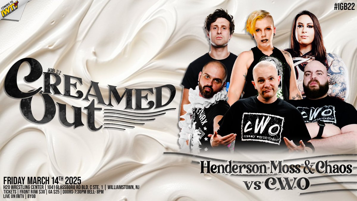 NEW MATCH DROP TOMORROW!
<a href="/Airica_Demia/">あなたのヒーロー Airica-Demia UwU. 👉😉</a> defends her IGB title 
<a href="/MarcusMathers1/">Marcus Mathers | マーカス・マザーズ</a> defends his IWTV title
<a href="/GypsyMac/">BajaBaddie🥤</a> makes her NJ debut!  
Wild West 6-person tag match! 

+much more! 
Friday March 14th
H20 Wrestling Center
1041 Glassboro Rd.
Williamstown, NJ

Bell 8PM
Live on IWTV!