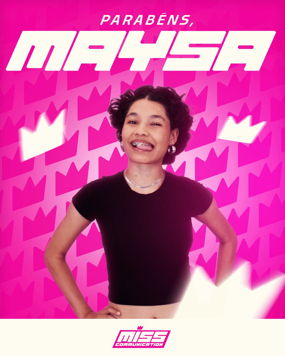 misscomunicauem's tweet photo. E a grande vencedora do Miss Communication é... MAYSA!(76,6%)✨🏆

Parabéns por levar pra casa R$ 400, uma coroa deslumbrante, a faixa de Miss Communication e uma camiseta Meia Sete Pink! 💖 https://t.co/JQSWtrwhmk