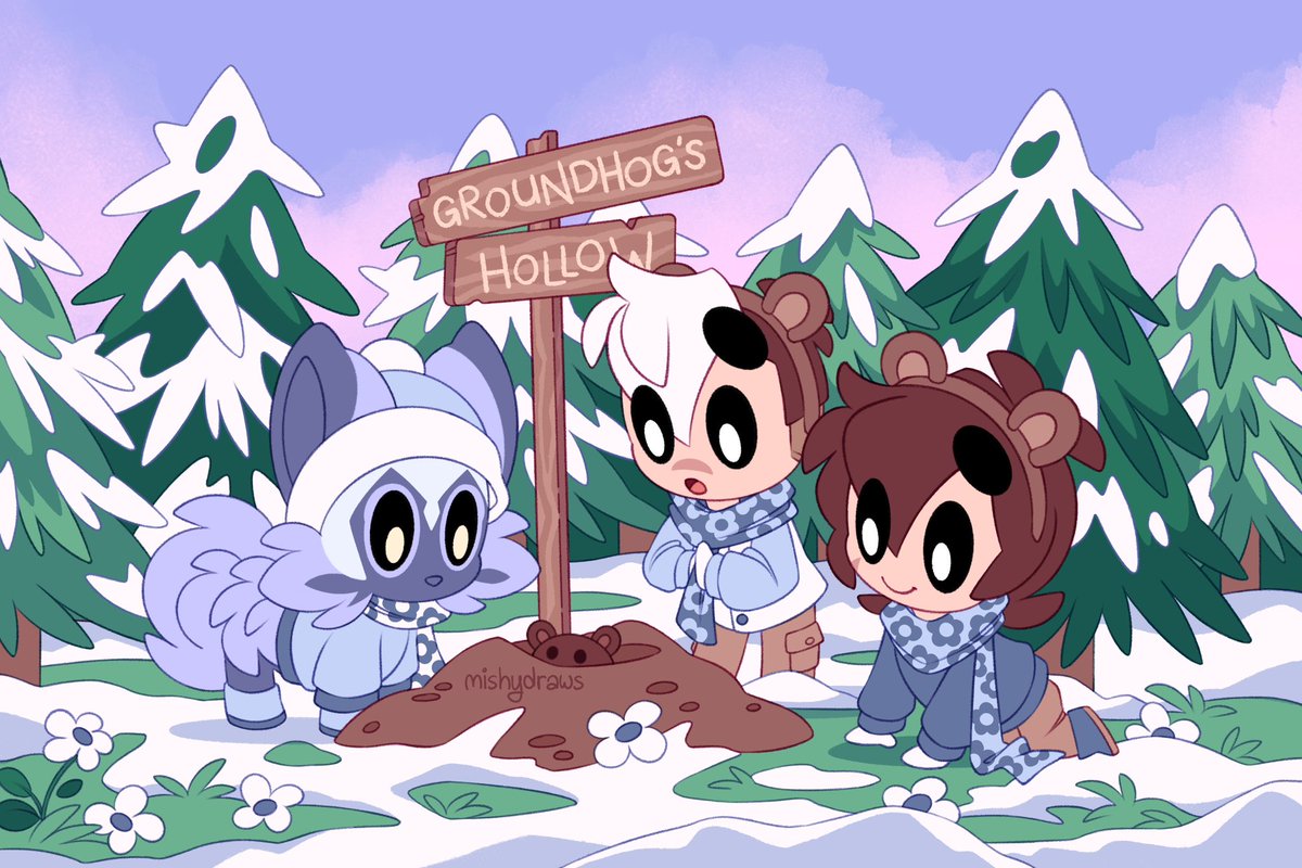 mishydraws's tweet photo. The sheith fambly wanted a weather update so they’ve ventured out in the early morning chill to visit Mr. Groundhog.

This is our new Print Club design! Sign up now on patreon through the end of January to receive this cute print! 🌲❄️🌼

https://t.co/6efbkiPsfD https://t.co/vwX4nsItMF
