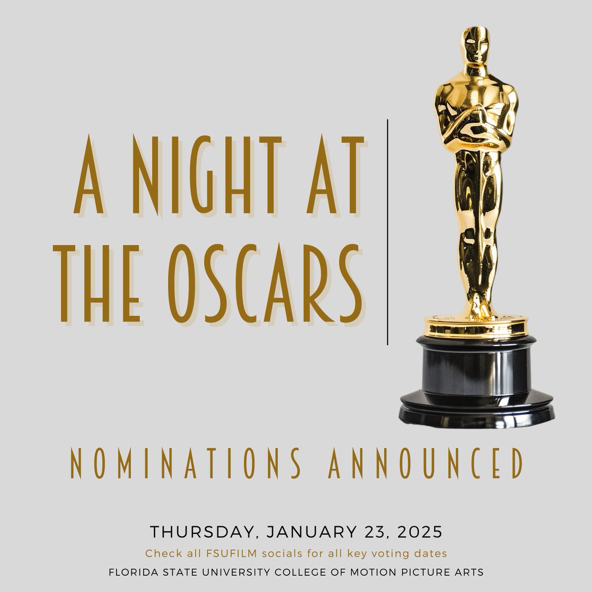 The moment we've all been waiting for is finally here! Get ready to cheer on your favorite films as the nominations for the 97th Academy Awards go live  tomorrow! 🏆🎥 #AcademyAwards #OscarNoms #fsufilm #fsu