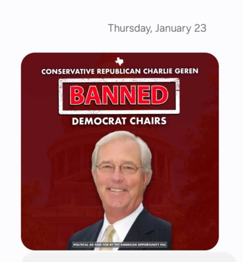 JackReynoldsTX's tweet photo. Charlie Geren called everybody who voted for him stupid today!  

Anyone else in District 99 get this text? They gave Democrats more power than they ever had before, while bragging about how they "banned" Democrats from chairing committees in the Texas House. That is the same thing as calling his voters stupid!  

Ask yourself why every House Democrat voted for rules that ban them from chairing committees? Here is the scoop.  

Charlie voted with almost every Democrat to block debate and prevent amendments from being offered, then voted in favor of adopting the rules. The rules mandate that all committee vice-chairs be Democrats and gives these Democratic vice-chairs additional power that vice-chairs have never had, such as designating invited witnesses to testify in committee hearings, prioritizing measures for consideration by the committee, and requesting impact statements for legislation under review. It also rewards these Democratic vice-chairs with an additional $4,000 a month stipend. 

Additionally, the rules establish twelve new “permanent standing subcommittees with no restrictions regarding which party may chair them, while other committees have Democratic majorities.  

Vote for Jack Reynolds for Texas House District 99 in 2026!

https://t.co/FdFo1RqI8A

https://t.co/TLy8ffseID
