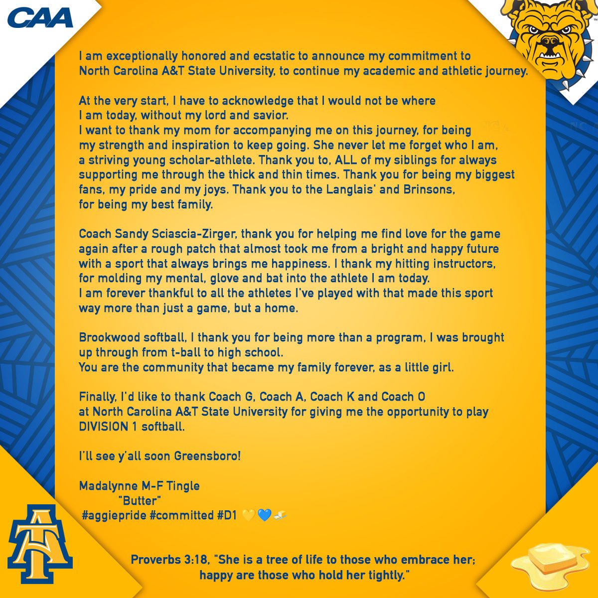 Butter “Madalynne” Tingle (@butter_tingle16) on Twitter photo There’s always work to do… but today…
I’M DANCING 🥎💙💛
#ItsButterBaby🧈♥️
I love my people, no matter what jersey I wear
<a href="/NCATSOFTBALL/">The Official NC A&T Aggie Softball</a> <a href="/NCATAGGIES/">N.C. A&T Athletics</a> <a href="/MSPtakeover/">Minority Softball Prospects</a> <a href="/HBCUSoftball/">HBCU Softball</a> <a href="/commit2HBCU/">SHOWCASE HBCU</a> <a href="/LineDsoftball/">Line Drive Media</a> <a href="/ExtraInningSB/">EXTRA INNING SOFTBALL</a> <a href="/los_stuff/">Carlos Arias</a> @AmazingAth66637 <a href="/bwoodsftball/">Brookwood Softball</a> <a href="/IMPACT_TITLEIX/">IMPACT Performance Apparel</a> There’s always work to do… but today…
I’M DANCING 🥎💙💛
#ItsButterBaby🧈♥️
I love my people, no matter what jersey I wear
<a href="/NCATSOFTBALL/">The Official NC A&T Aggie Softball</a> <a href="/NCATAGGIES/">N.C. A&T Athletics</a> <a href="/MSPtakeover/">Minority Softball Prospects</a> <a href="/HBCUSoftball/">HBCU Softball</a> <a href="/commit2HBCU/">SHOWCASE HBCU</a> <a href="/LineDsoftball/">Line Drive Media</a> <a href="/ExtraInningSB/">EXTRA INNING SOFTBALL</a> <a href="/los_stuff/">Carlos Arias</a> @AmazingAth66637 <a href="/bwoodsftball/">Brookwood Softball</a> <a href="/IMPACT_TITLEIX/">IMPACT Performance Apparel</a>