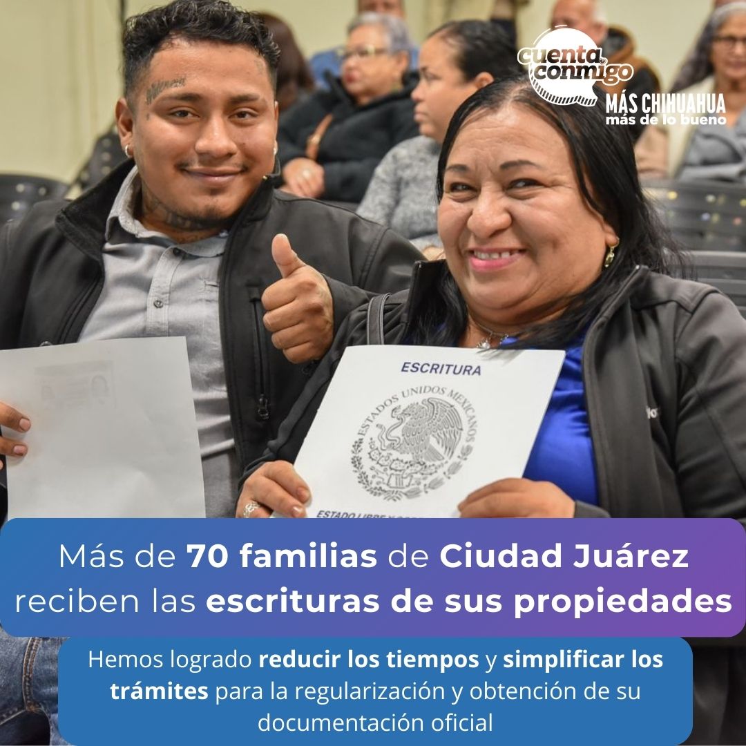 GobiernoEdoChih's tweet photo. En apoyo a las familias juarenses hemos realizado la entrega de escrituras de propiedad a más de 70 familias. Los beneficiarios provienen de diversas colonias: Anapra, Manuel J. Clouthier y Sor Juana Inés De La Cruz.

Estamos brindando la seguridad patrimonial de sus hogares. ¡Cuentan con nosotros siempre!