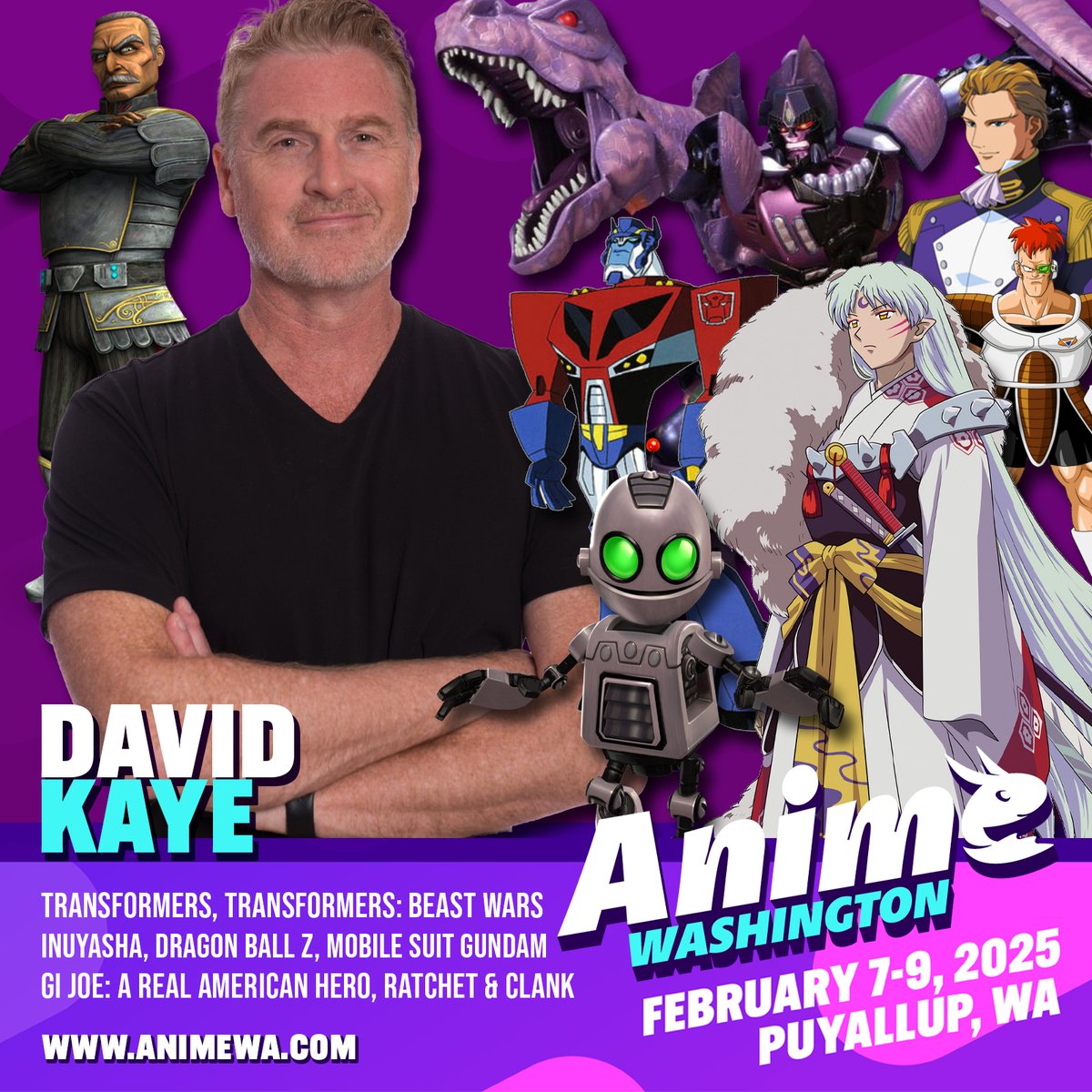 Anime Washington (@animewashington) on Twitter photo We are happy to welcome David Kaye back to Puyallup, but this time as a guest to Anime Washington in Puyallup from February 7th through the 9th. David was with us as part of our Beast Wars guest lineup at a Washington State Toy Show, but now we get to showcase his many anime We are happy to welcome David Kaye back to Puyallup, but this time as a guest to Anime Washington in Puyallup from February 7th through the 9th. David was with us as part of our Beast Wars guest lineup at a Washington State Toy Show, but now we get to showcase his many anime