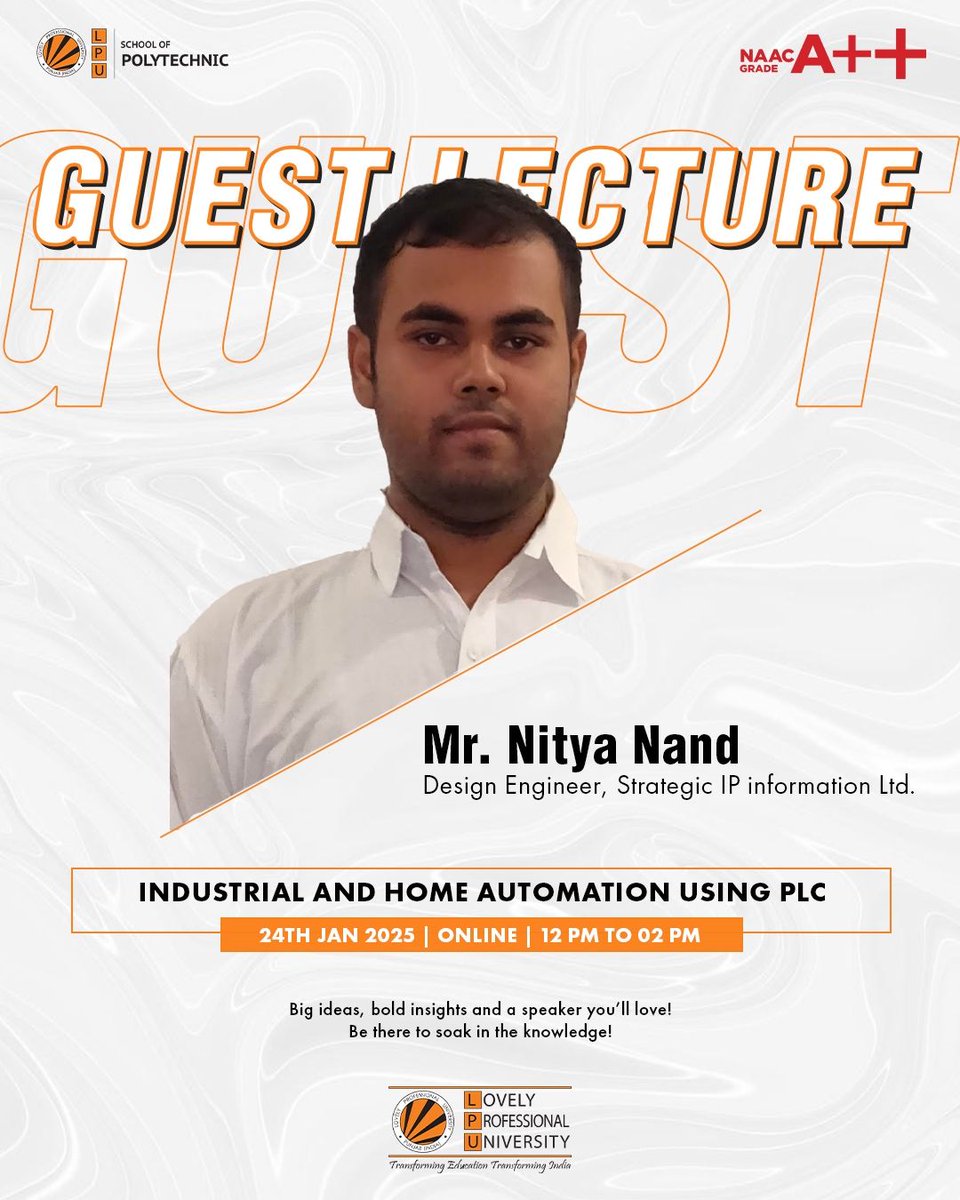 LPUPolytechnic's tweet image. Upcoming Guest Lecture! Join us for an insightful session on Industrial &amp;amp; Home Automation using PLC by Mr. Nitya Nand, Design Engineer at Strategic IP Information Limited.
📅 Date: 24th January 2025
⏰ Time: 12:00 - 2:00 PM
#GuestLecture #PLCAutomation #IndustrialAutomation