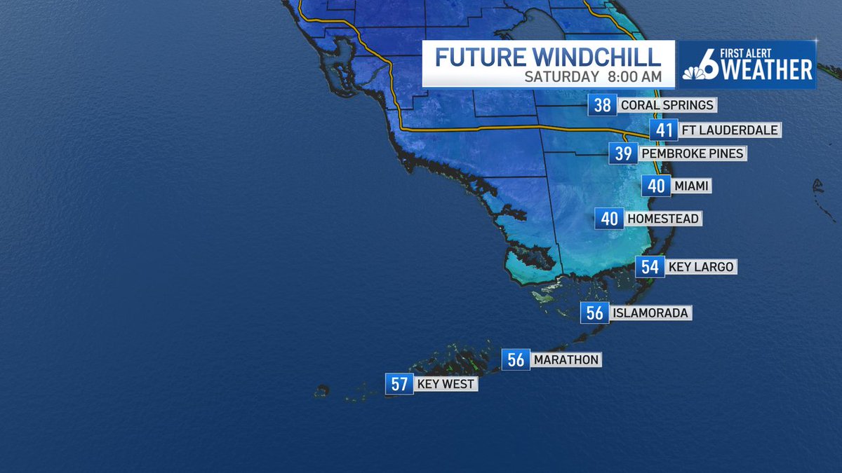 Steve MacLaughlin (@stevemacnbc6) on Twitter photo Saturday morning will be South Florida's coldest of the season and the coldest in more than two years with temps in the mid 40s in Miami; Lower 40s away from the water; Windchills in the upper 30s, even for the coast! <a href="/nbc6/">NBC 6 South Florida</a> #nbc6 #miamiweather Saturday morning will be South Florida's coldest of the season and the coldest in more than two years with temps in the mid 40s in Miami; Lower 40s away from the water; Windchills in the upper 30s, even for the coast! <a href="/nbc6/">NBC 6 South Florida</a> #nbc6 #miamiweather