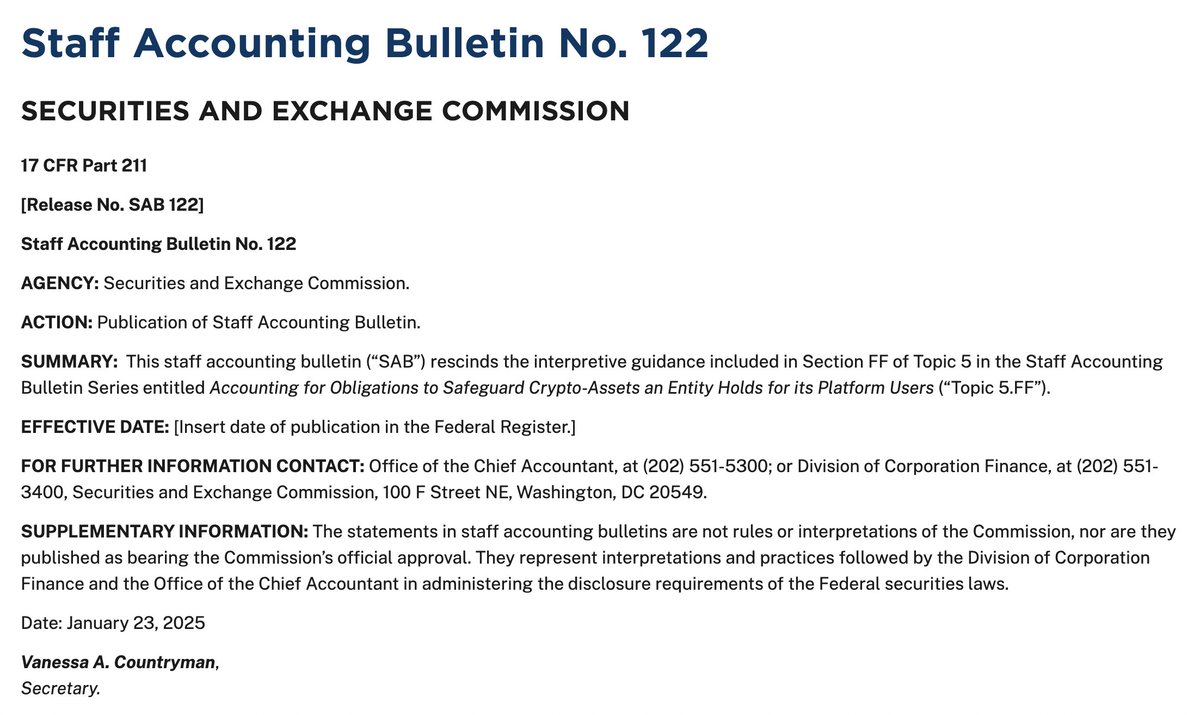 🚨 JUST IN: SEC has repealed SAB 121, allowing banks to custody crypto assets.