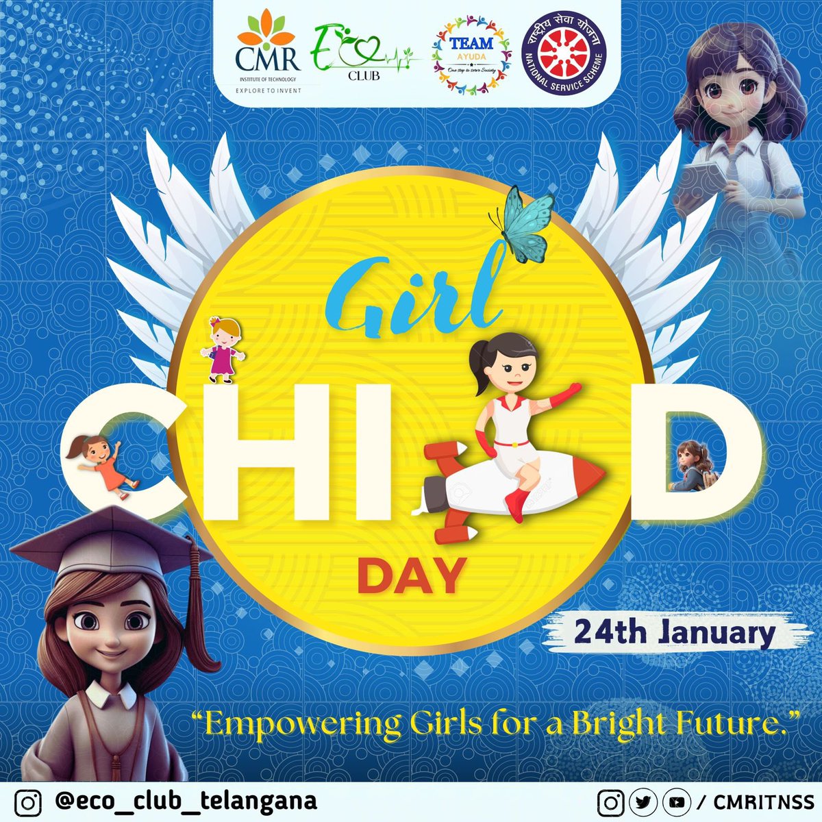 CMRIT_NSS's tweet photo. Wishing a 𝗛𝗮𝗽𝗽𝘆 𝗚𝗶𝗿𝗹 𝗖𝗵𝗶𝗹𝗱 𝗗𝗮𝘆!!!
Let’s break the barriers and unleash the potential of every girl child 
#GirlchildDay #empoweringGirls #empowerment https://t.co/j7WvdQjlLk
