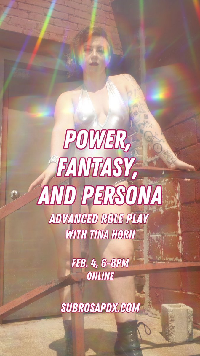 SubRosaPDX's tweet photo. Come learn how to get what you want by being someone you’re not! Join @tinahornsass for an online class all about role play! Go deep into negotiation, collaboration, and aftercare, plus dirty talk, primal play, authority figure dynamics, and more! Tix in comment.
2/4 6-7:30pm PST https://t.co/L9xHP3Py4J
