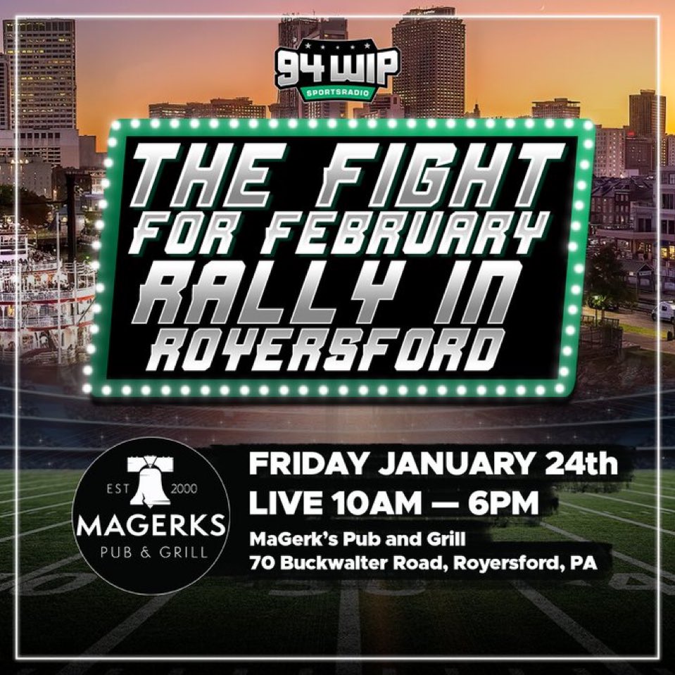 SportsRadioWIP's tweet photo. The @WIPMiddayShow and @AfternoonsWIP Show will be live at MaGerk’s in Royersford tomorrow! 🚨

#FlyEaglesFly https://t.co/srwtAW0TrR