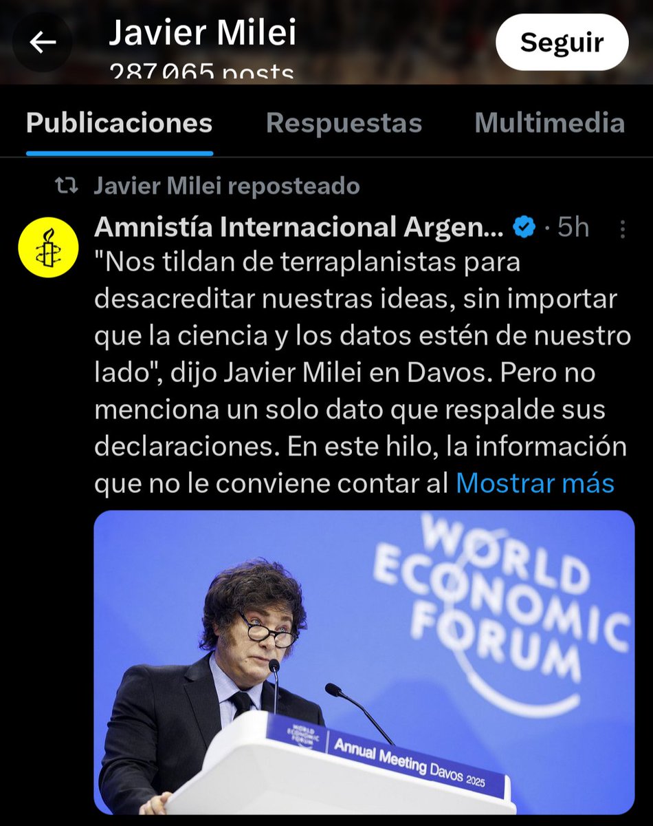 El pelotudo de Milei leyó que en la primera frase lo citaban y le dió RT a un hilo de Amnistía Internacional que desmiente todo su discurso con datos.