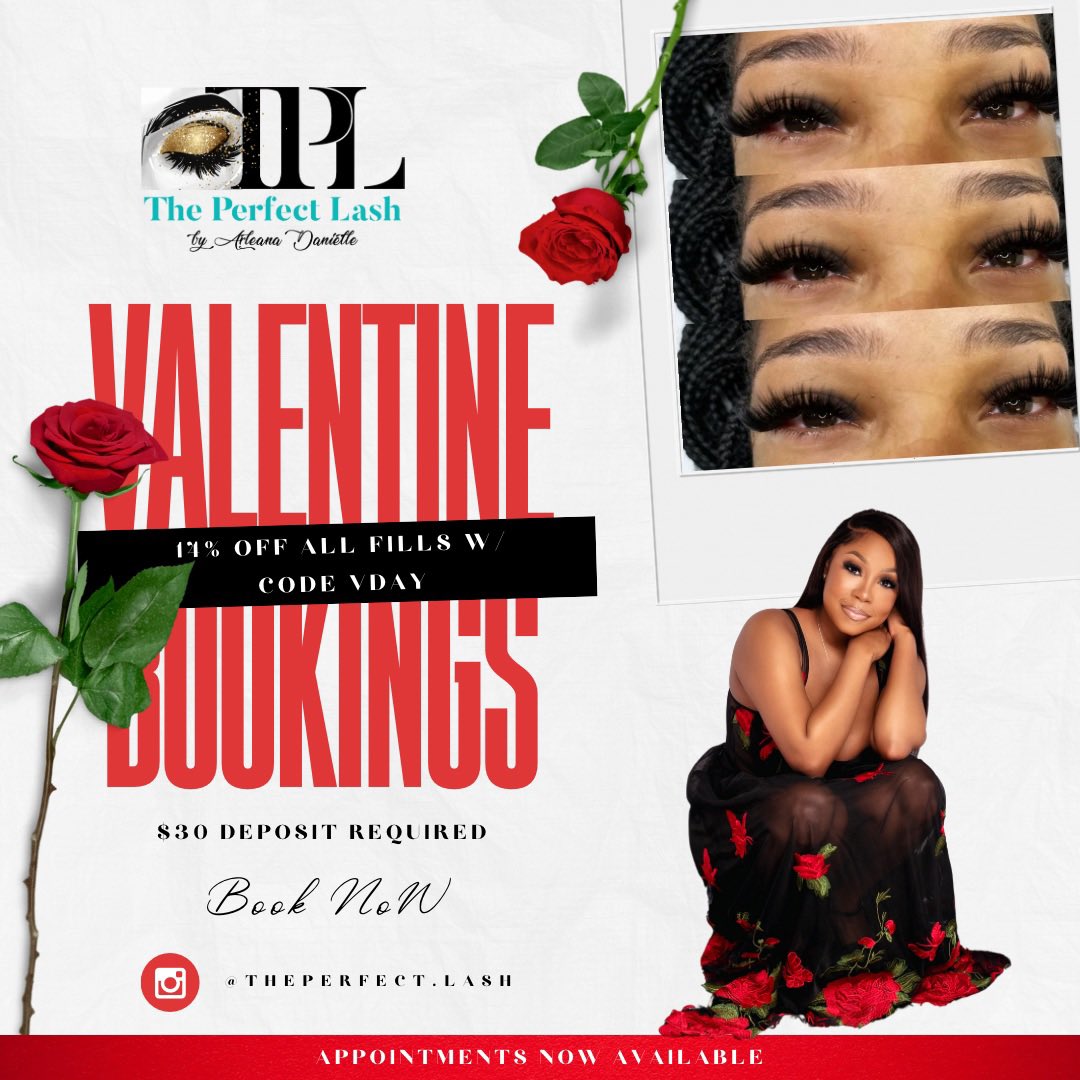 ThePerfect_Lash's tweet photo. 🌹Fall in love with your lashes this Valentine’s Day.🌹

Receive 14% off your fill or foreign fill w/ code: VDAY 
———————————————
⇩ Book Now ⇩

https://t.co/nAh2O24c8d
—————————————————-
This offer is only valid for appointments booked Feb 1st - Feb 15th. https://t.co/hCzO4BcBDG
