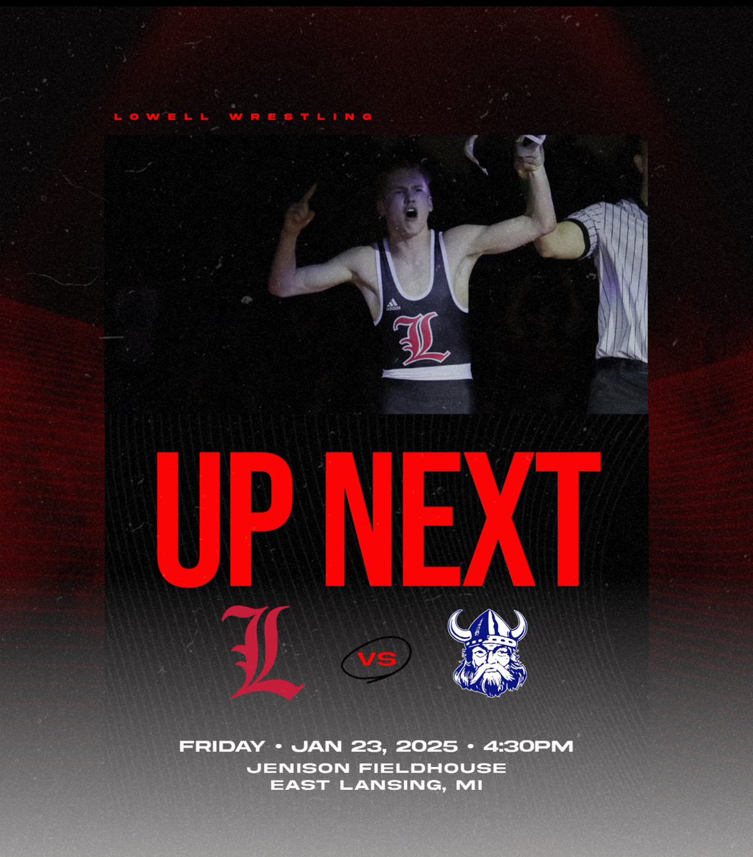 lowellwrestling's tweet photo. nother Friday dual! Another BATTLE of 2 nationally ranked teams. 

🚨Friday, January 24
🚨MSU - Jenison Fieldhouse - East Lansing
🚨4:30PM

The Red Arrows (#36 Nationally) take on Dundee (#26 Nationally) in the dual of the season! You won’t want to miss this! BE THERE! https://t.co/9zYKOurvqW