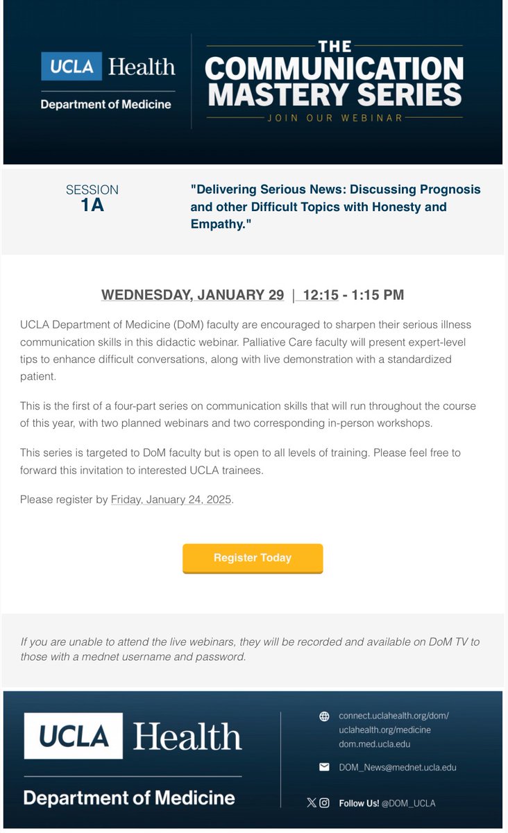 UCLA Palliative Care (@uclapalliative) on Twitter photo <a href="/UCLAPalliative/">UCLA Palliative Care</a> is excited to collaborate with <a href="/DOM_UCLA/">Department of Medicine at UCLA Health</a> in our 1st session of our Communication Mastery Series. DOM and UCLA trainees encouraged to attend. Deadline to rsvp 1/24/25! #HaPC #HPM #palliativecare
uclahs.az1.qualtrics.com/jfe/form/SV_7T… <a href="/UCLAPalliative/">UCLA Palliative Care</a> is excited to collaborate with <a href="/DOM_UCLA/">Department of Medicine at UCLA Health</a> in our 1st session of our Communication Mastery Series. DOM and UCLA trainees encouraged to attend. Deadline to rsvp 1/24/25! #HaPC #HPM #palliativecare
uclahs.az1.qualtrics.com/jfe/form/SV_7T…