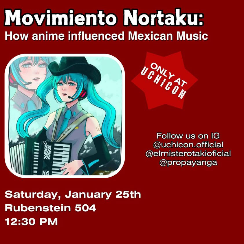 ucjas_official's tweet photo. Did you know that some modern Mexican music was directly inspired by anime? If you want to find out more, make sure to go to the Movimiento Nortaku panel at 12:30 PM in Rubenstein 504! https://t.co/gM19H0KL4X