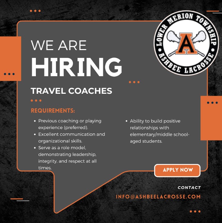 Phillylacrosse.com (@phillylacrosse) on Twitter photo Lower Merion Ashbee Youth Lacrosse seeks travel coaches. Apply by contacting info@ashbeelacrosse.com Lower Merion Ashbee Youth Lacrosse seeks travel coaches. Apply by contacting info@ashbeelacrosse.com