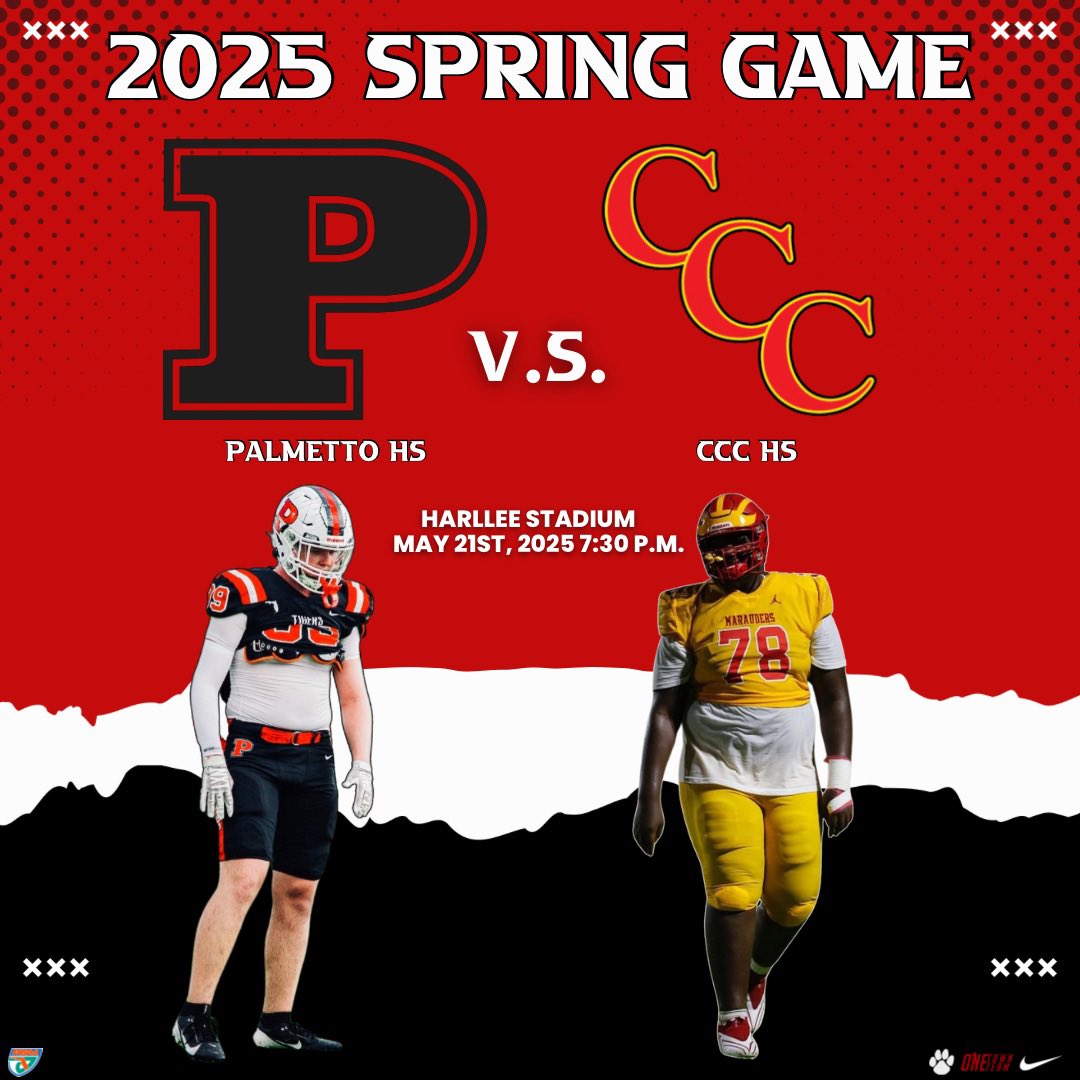 Palmetto Football (@palmettofball) on Twitter photo 𝟐𝟎𝟐𝟓 𝐒𝐏𝐑𝐈𝐍𝐆 𝐆𝐀𝐌𝐄 🔥
Welcoming a state recognized program, <a href="/CCCMaraudersFB/">CCC Marauders Football</a>, to Harllee Stadium on Wednesday May 21st @ 7:30 PM. College coaches, mark this one down! Iron Sharpens Iron!
#FTF
#TigerPride | #OneTownOneTeam 𝟐𝟎𝟐𝟓 𝐒𝐏𝐑𝐈𝐍𝐆 𝐆𝐀𝐌𝐄 🔥
Welcoming a state recognized program, <a href="/CCCMaraudersFB/">CCC Marauders Football</a>, to Harllee Stadium on Wednesday May 21st @ 7:30 PM. College coaches, mark this one down! Iron Sharpens Iron!
#FTF
#TigerPride | #OneTownOneTeam