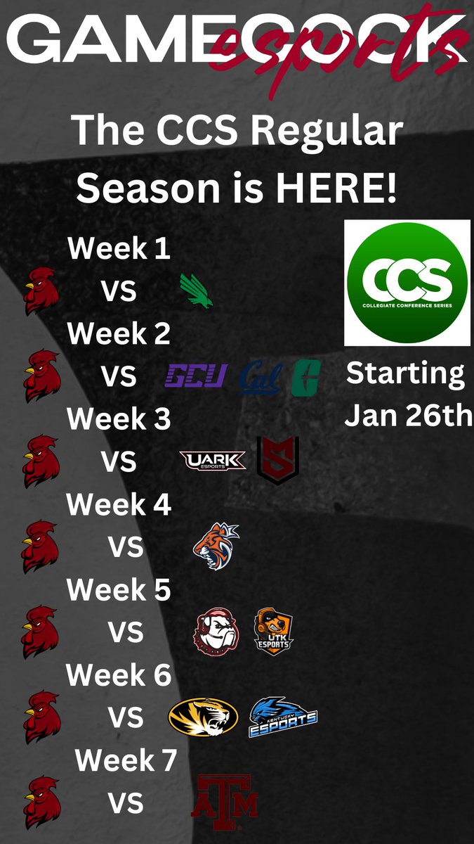 Gamecock Esports (@gamecockesports) on Twitter photo The <a href="/CollegiateCCS/">Collegiate Conference Series</a> begins NEXT WEEK! join us on <a href="/gamecockesports/">Gamecock Esports</a> on Twitch every week for high flying Rocket League action! The <a href="/CollegiateCCS/">Collegiate Conference Series</a> begins NEXT WEEK! join us on <a href="/gamecockesports/">Gamecock Esports</a> on Twitch every week for high flying Rocket League action!