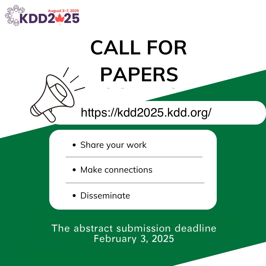 KDD-2025 Call for Papers! The abstract submission deadline - both for the Research Track and the Applied Data Science Track - is February 3. Don't miss the deadline! kdd2025.kdd.org/research-track… kdd2025.kdd.org/applied-data-s…