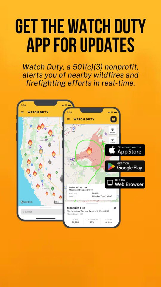 For the latest updates on wildfires in your area, download watch duty app 

Para obtener las últimas actualizaciones sobre los incendios de maleza en su área, descargue la aplicación mobile Watch Duty