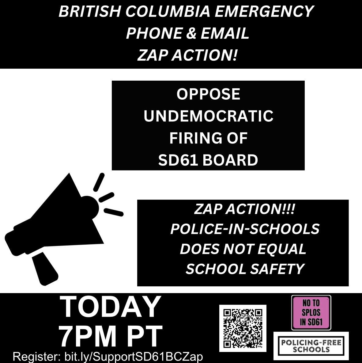 PolicingFreeSch's tweet image. 📣ZAP ACTION TODAY - 7PM PT

🔥JOIN @AndreaVasquezJ who will facilitate today’s Zap Action &amp;amp; hear from a Victoria, BC ‘No to SPLOs in SD61’ Campaign Member &amp;amp; Organizer!

➡️REGISTER: bit.ly/SupportSD61BCZ…

#BCPoli
#BCed
#YYJ
#YYJPoli
#BCLab
#PolicingFreeSchoolsBC
#NoSLOinGVSD