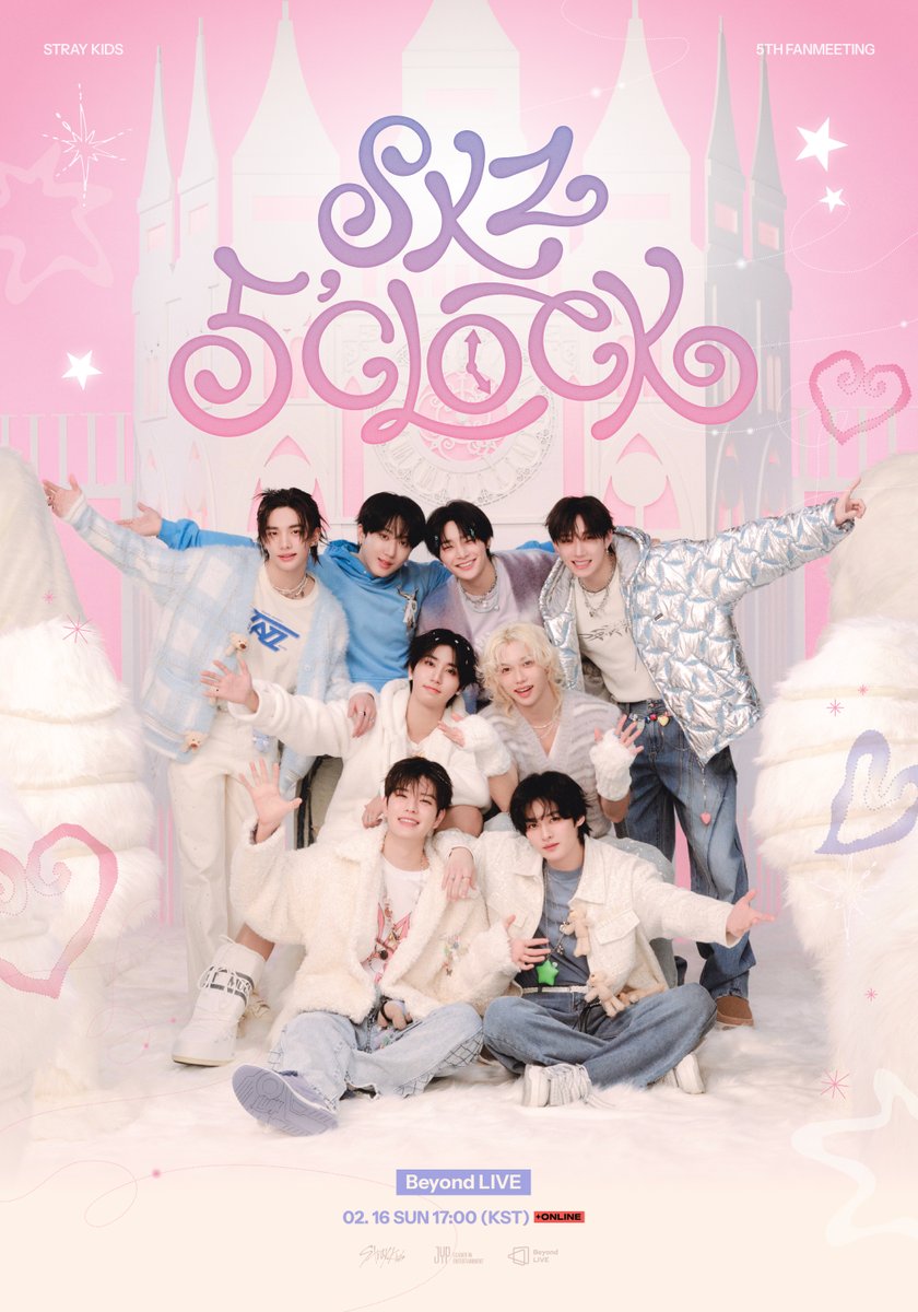 Stray Kids 5TH FANMEETING
⋆˙⟡ 𝗦𝗞𝗭 𝟱'𝗖𝗟𝗢𝗖𝗞 ✧˖°

Beyond Ticket Open Notice
🧚bit.ly/4jv0yeb

#StrayKids #스트레이키즈
#SKZ_5TH_FANMEETING
#SKZ_5CLOCK
#YouMakeStrayKidsStay
#BeyondLIVE