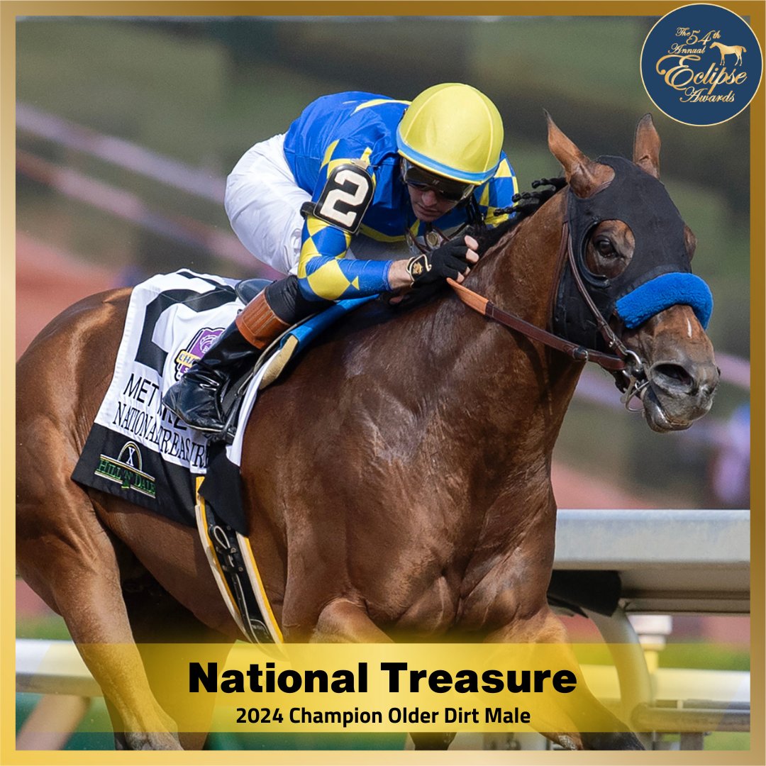 DailyRacingForm's tweet photo. The winner of the 2024 Eclipse Award for Older Dirt Male is National Treasure! Congrats to all of the connections. https://t.co/RoOJVZetvp